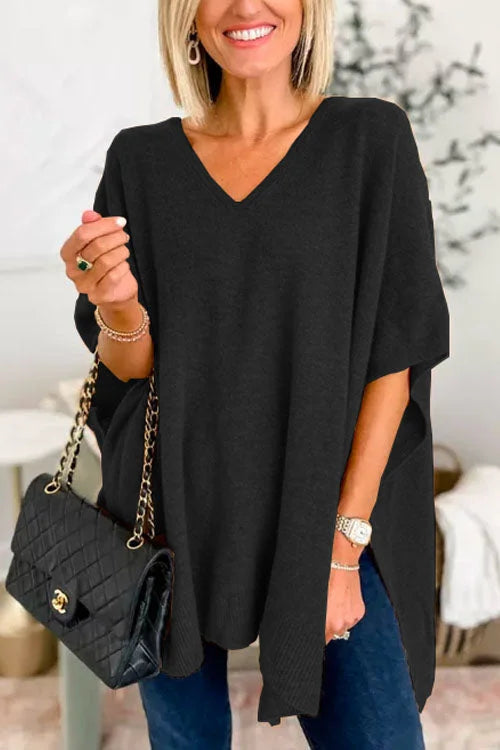 Heidi-Mode | V-Ausschnitt Poncho Pullover mit elegantem lockeren Schnitt