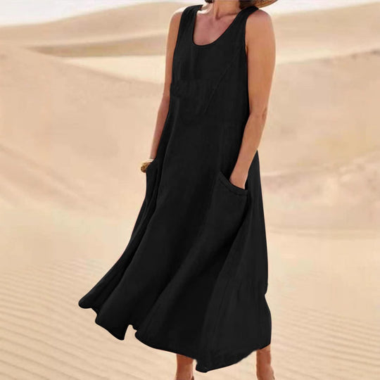 Heidi Mode | Ärmelloses Kleid aus Baumwolle und Leinen mit Rundhalsausschnitt und Tasche
