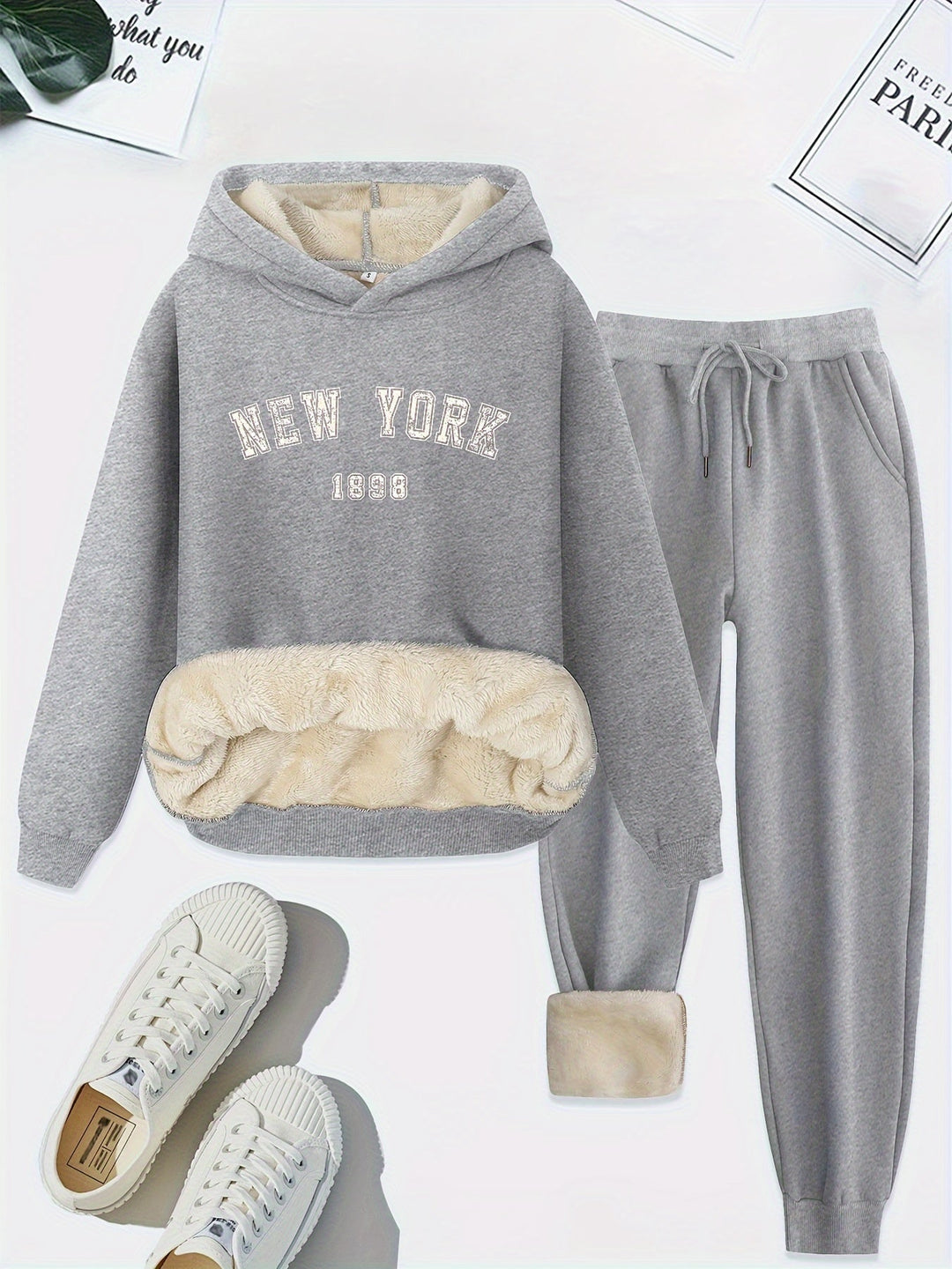 Heidi-Mode | Warmer Hoodie Und Kordelzughose Trainingsanzug Mit 'New York' Druck Für Damen