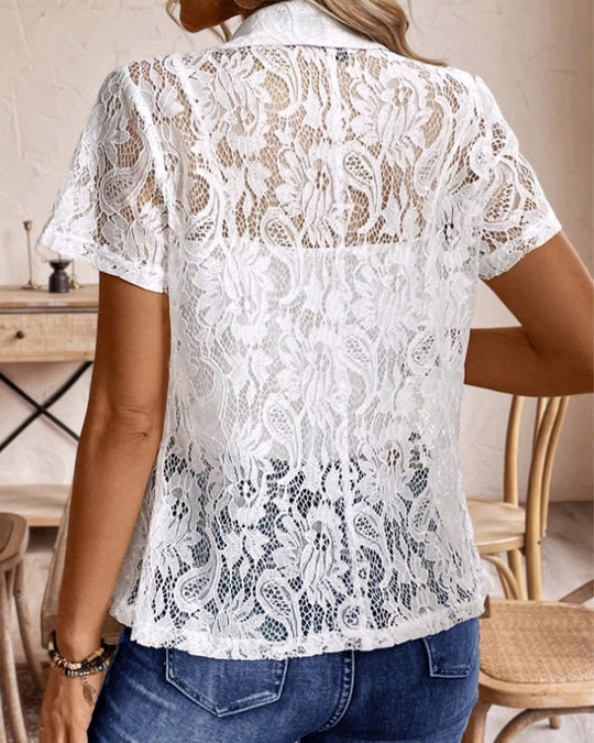 Heidi-Mode | Weißer Kurzärmeliger Spitzenblazer mit Revers