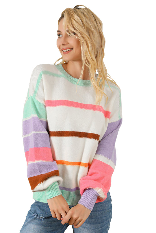 Gestreifter Colorblock Pullover Mit Überschnittenen Schultern