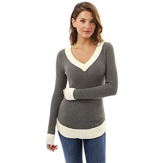 Damen eleganter V-Ausschnitt Pullover mit feinem Strukturstrick Heidi-Mode