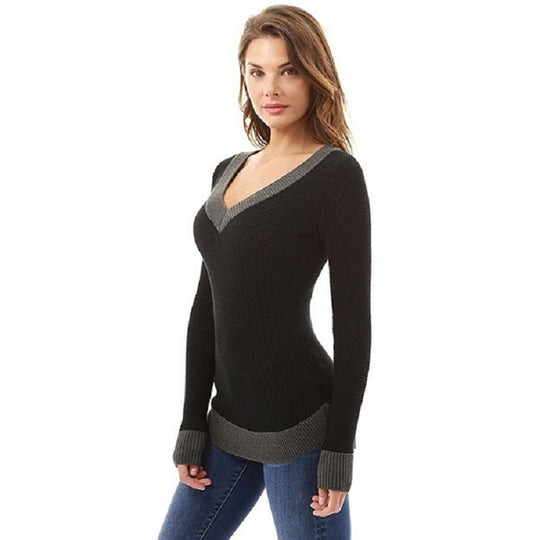 Damen eleganter V-Ausschnitt Pullover mit feinem Strukturstrick Heidi-Mode