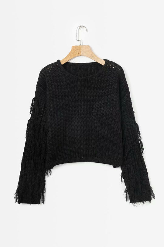 Damen trendiger Grobstrickpullover mit fransigen Ärmeln Heidi-Mode