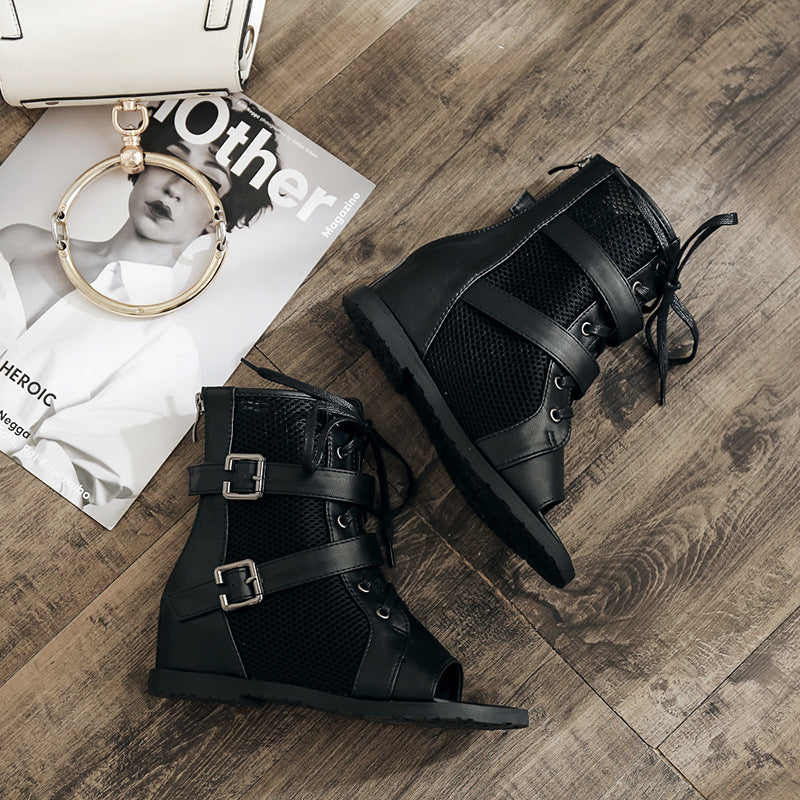 Damen Offene Schnürstiefeletten mit mesh- und Lederkombination und dekorativen Schnallen Heidi-Mode