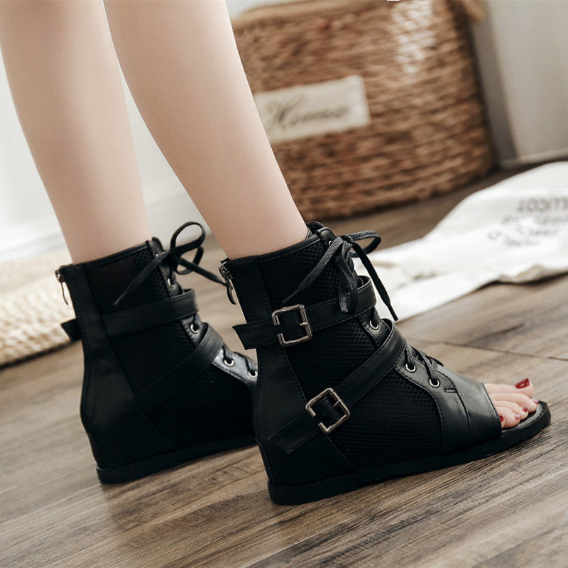 Damen Offene Schnürstiefeletten mit mesh- und Lederkombination und dekorativen Schnallen Heidi-Mode