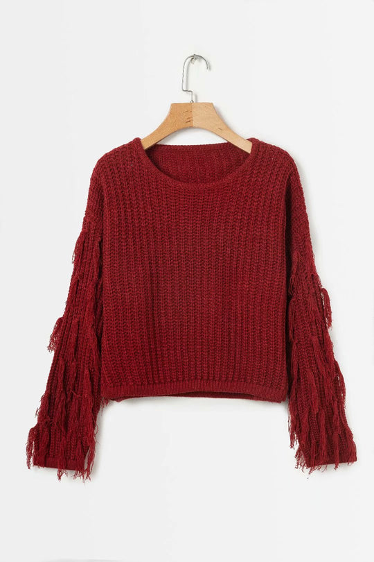 Damen trendiger Grobstrickpullover mit fransigen Ärmeln Heidi-Mode