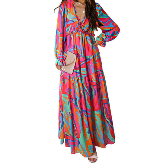 Heidi-Mode | Druck Kleid mit Langen Ärmeln und V-Ausschnitt
