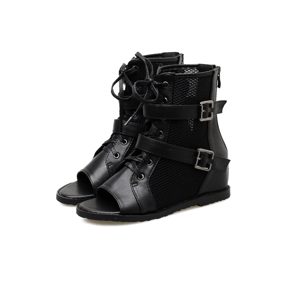 Damen Offene Schnürstiefeletten mit mesh- und Lederkombination und dekorativen Schnallen Heidi-Mode