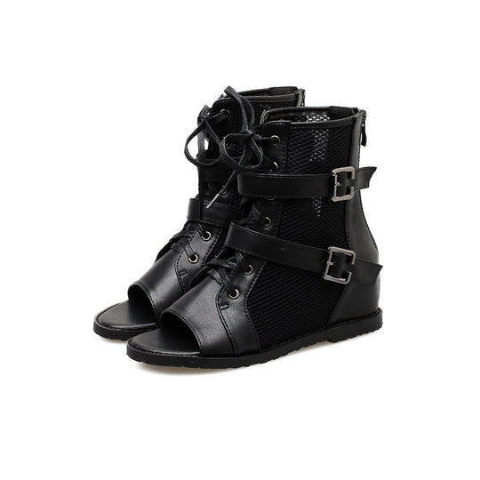 Damen Offene Schnürstiefeletten mit mesh- und Lederkombination und dekorativen Schnallen Heidi-Mode
