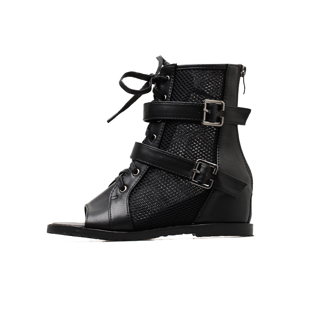 Damen Offene Schnürstiefeletten mit mesh- und Lederkombination und dekorativen Schnallen Heidi-Mode