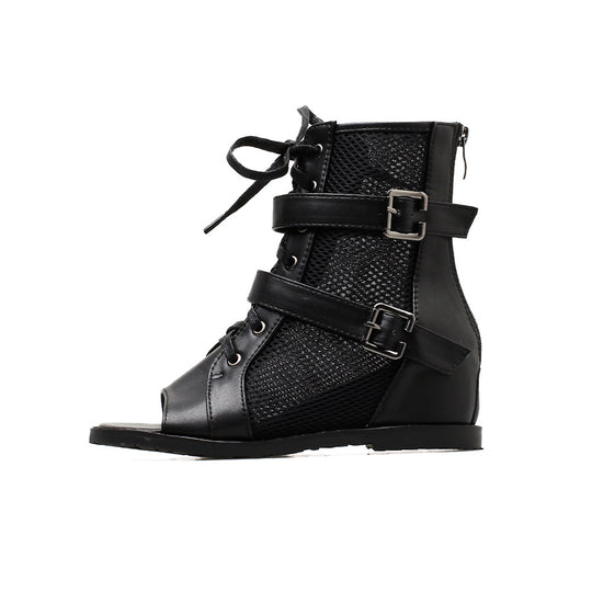 Damen Offene Schnürstiefeletten mit mesh- und Lederkombination und dekorativen Schnallen Heidi-Mode