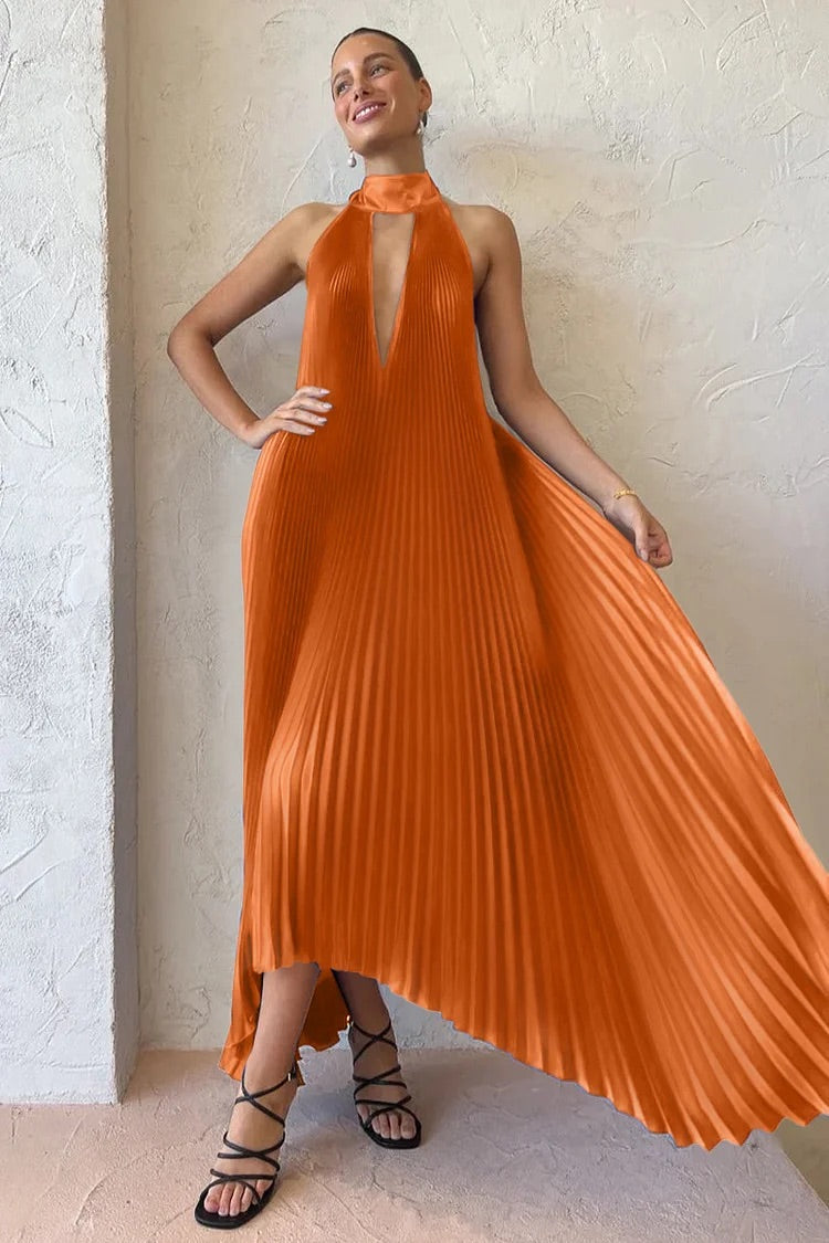 Heidi-Mode | Halter Tied Up Cutout Neck Pleated Backless Asymmetrischer Saum Hochzeitsgast Maxi Kleider