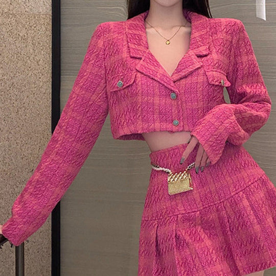Heidi-Mode | Langärmlige Karierte Knopf Blazer Anzug Oberteil