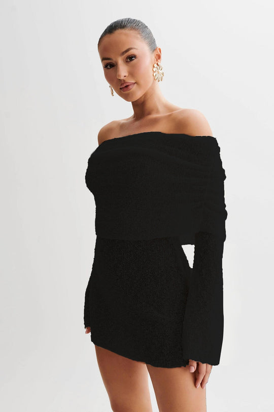 Heidi-Mode | Langarm Off Shoulder Kleid mit Ausschnitten und Kurzem Rock