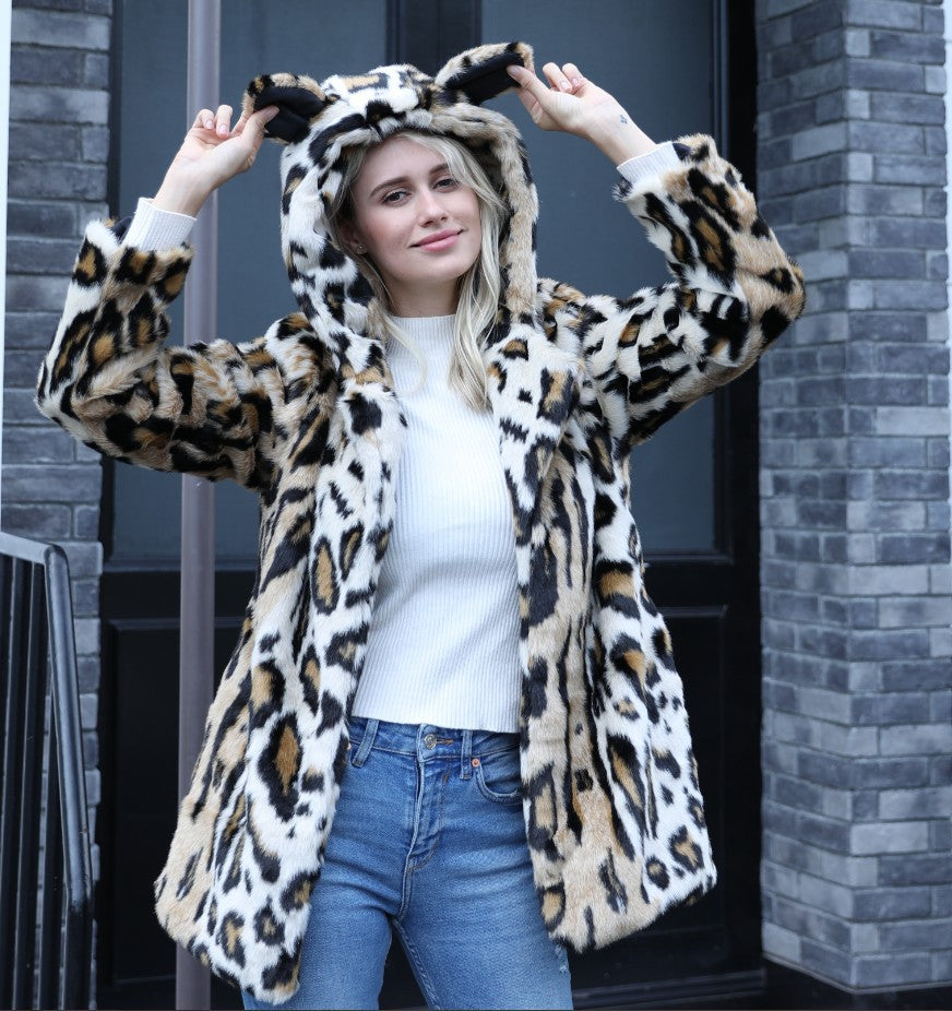 Damen Kuscheliger Pelzmantel mit Kapuze und Katzenohren Heidi-Mode