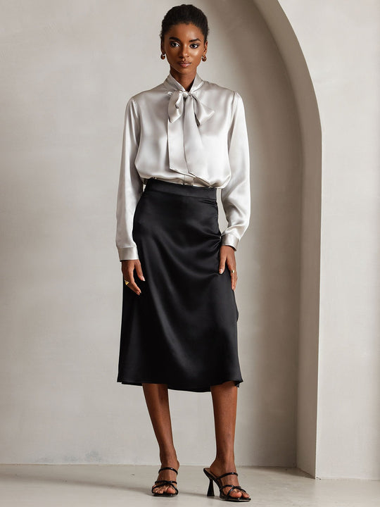 Heidi-Mode | Damen Elegante Seidenbluse mit Schlipskragen und Langen Ärmeln