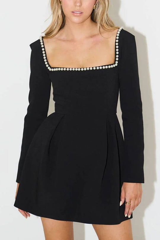 Heidi-Mode | You'Ll Remember Me Perlenverzierte Quadrat-Ausschnitt Langarm Mini Kleid