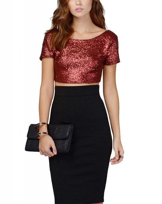 Damen Crop Top mit glamourösem Paillettenbesatz und skaterförmigem Rock Heidi-Mode