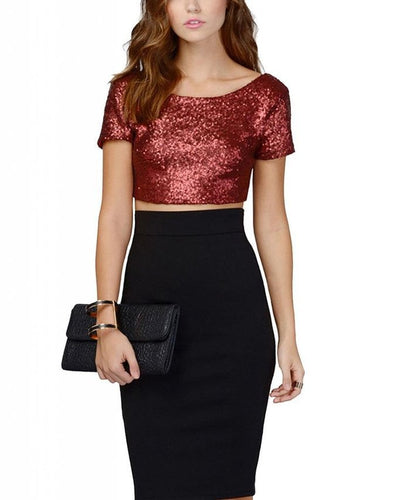 Damen Crop Top mit glamourösem Paillettenbesatz und skaterförmigem Rock Heidi-Mode