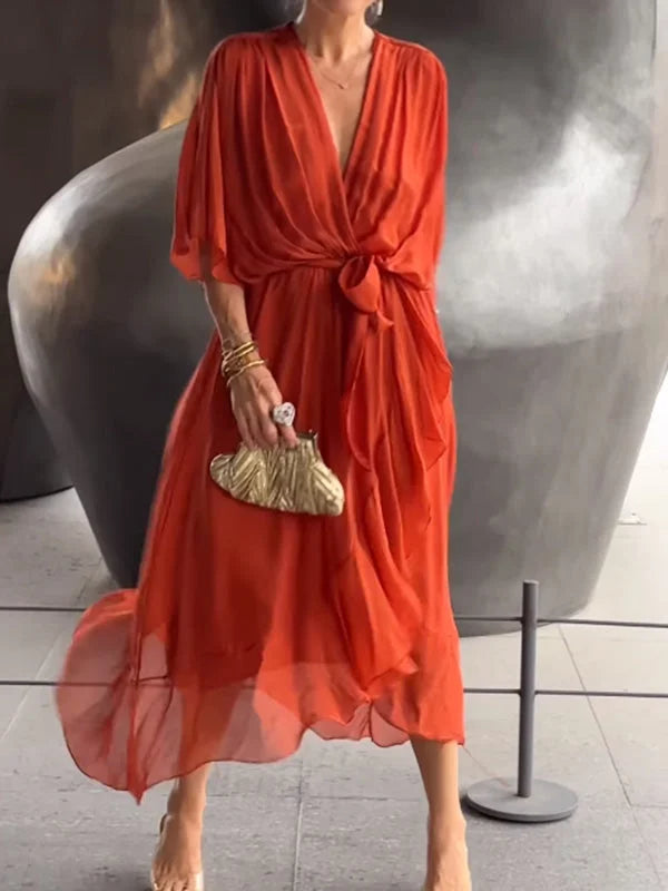Heidi-Mode | Damen Fließendes Kleid V-Ausschnitt
