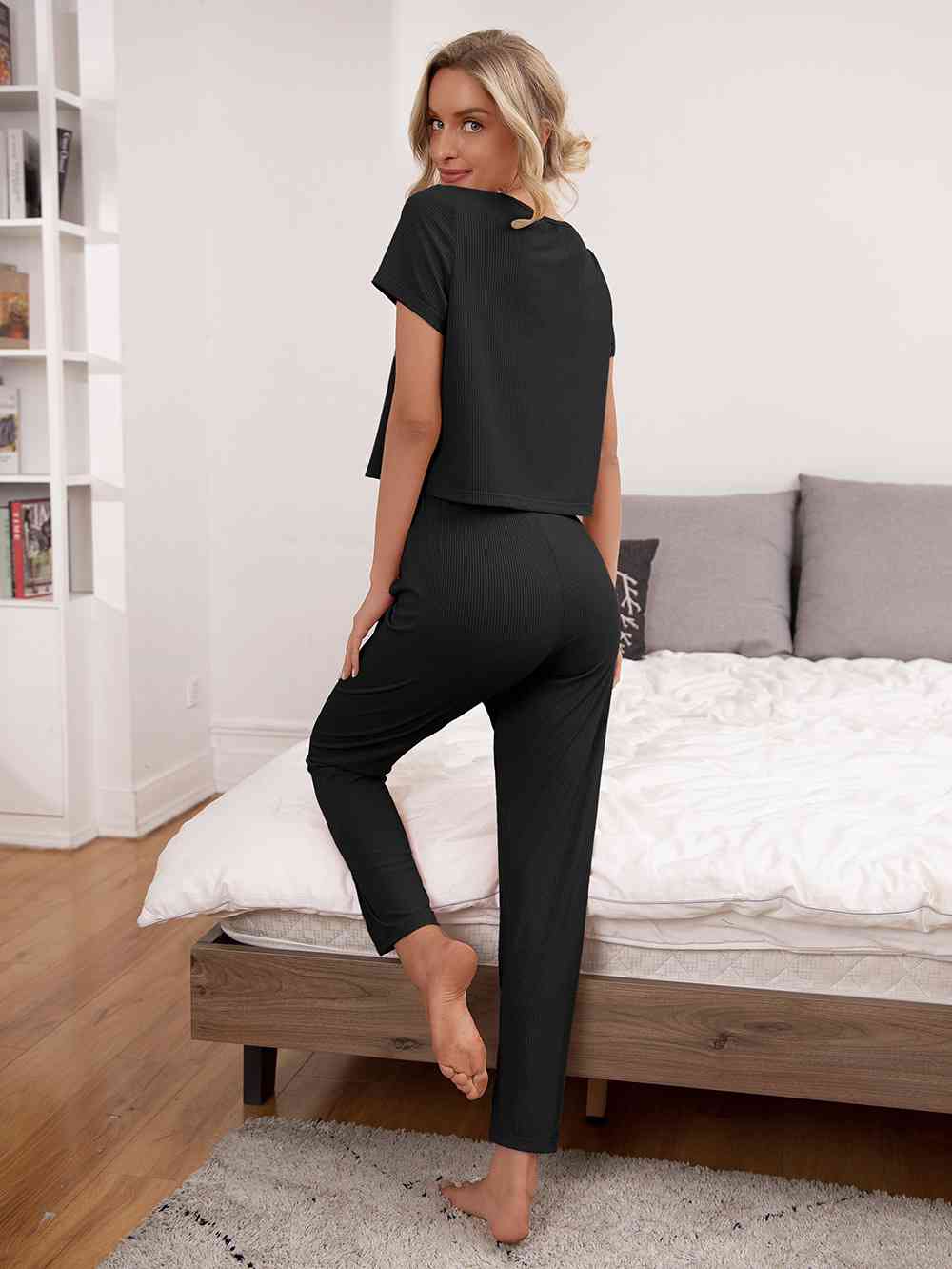 Heidi-Mode | Rundhals Kurze Ärmel Oberteil und Hose Lounge Set