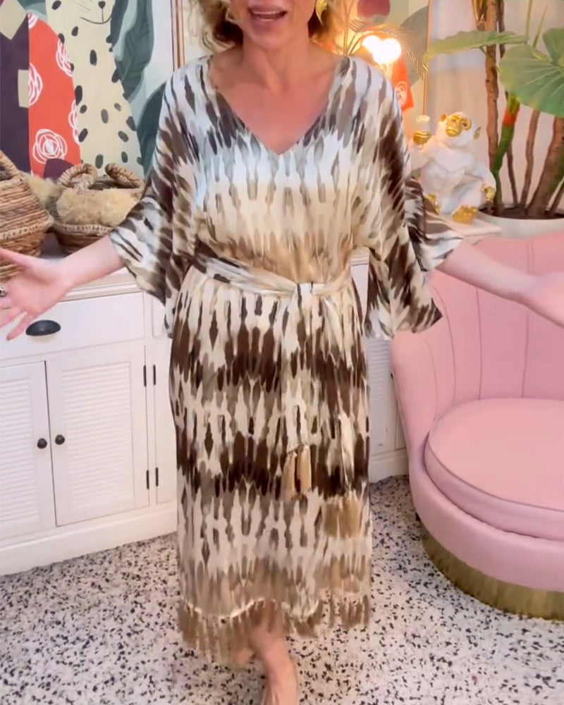 Heidi-Mode | Kleid V-Ausschnitt Gedruckt Trompetenärmel Band
