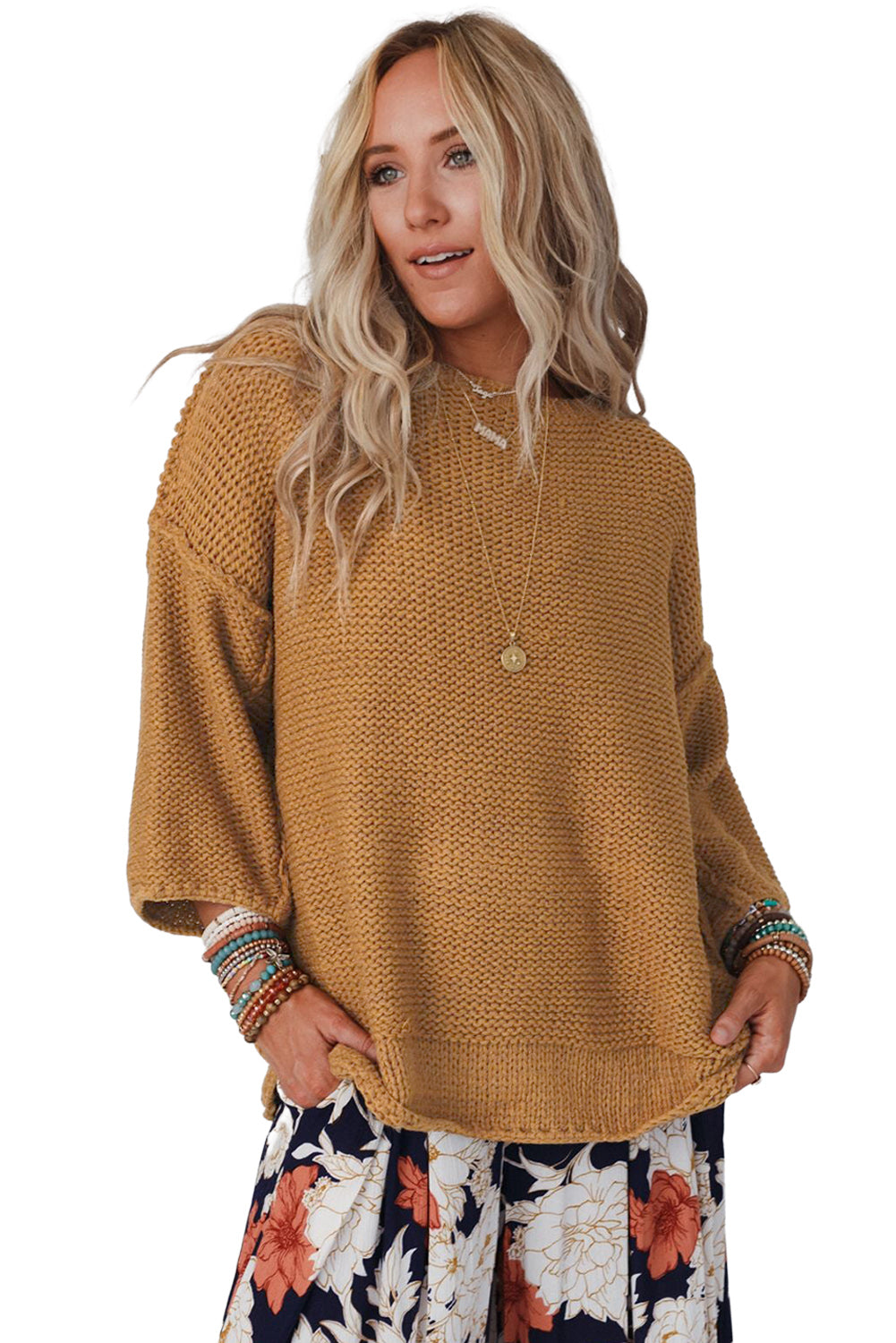 Slouchy Textured Knit Loose Pullover