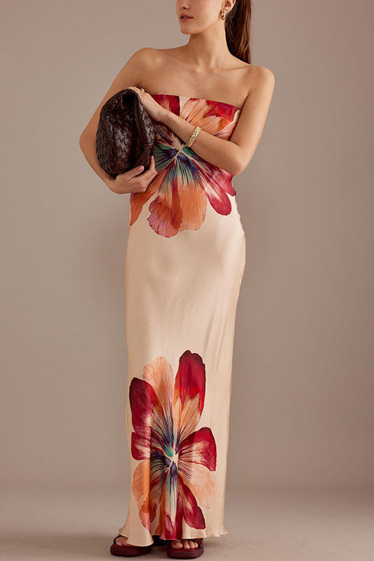 Heidi-Mode | Charmante Damen Satin Floral Print Bandeau Lockere Maxi Kleid
