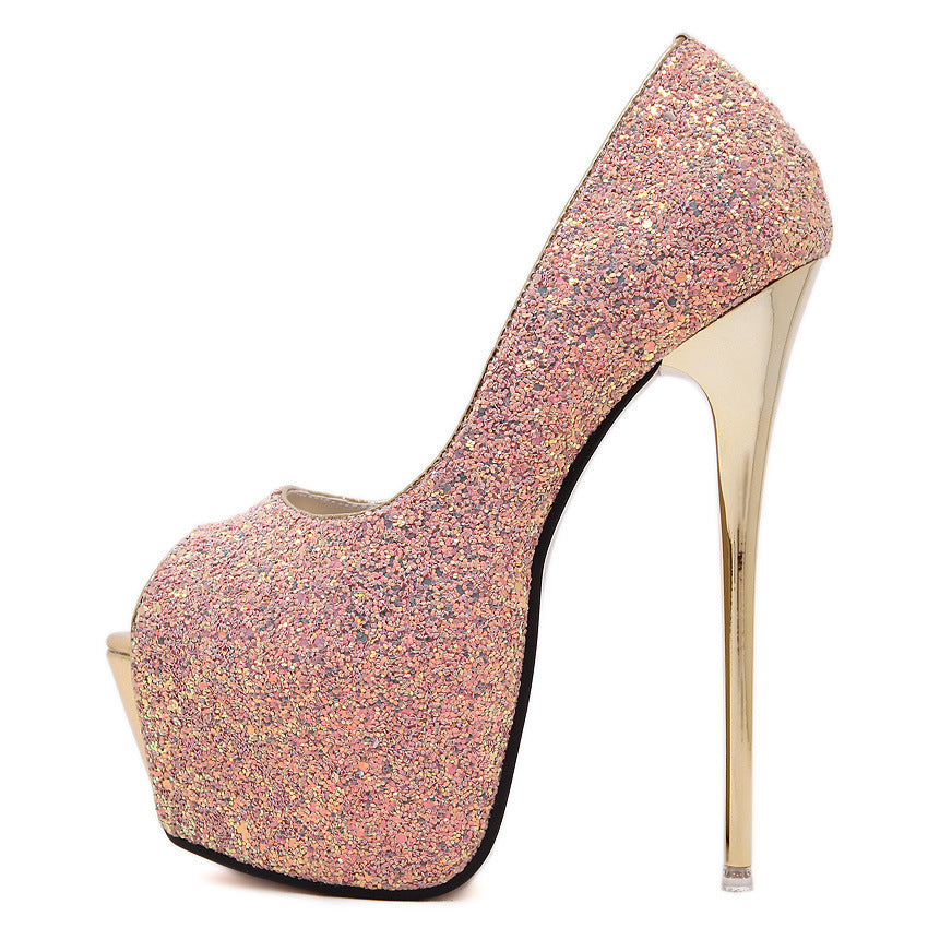 Damen Glamouröse Peep-Toe Pumps mit glitzerndem Obermaterial und goldener Detailverzierung Heidi-Mode