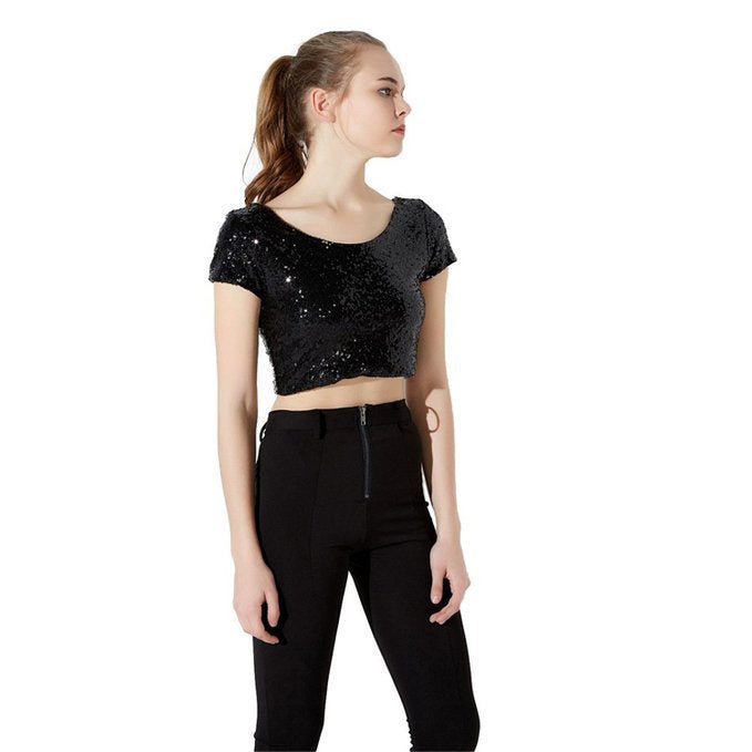 Damen Crop Top mit glamourösem Paillettenbesatz und skaterförmigem Rock Heidi-Mode