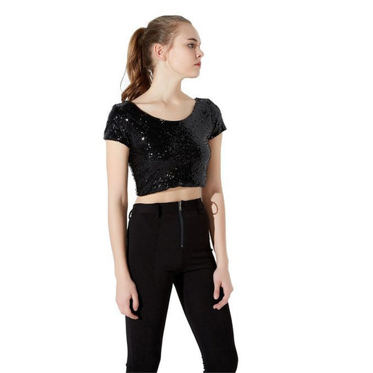 Damen Crop Top mit glamourösem Paillettenbesatz und skaterförmigem Rock Heidi-Mode