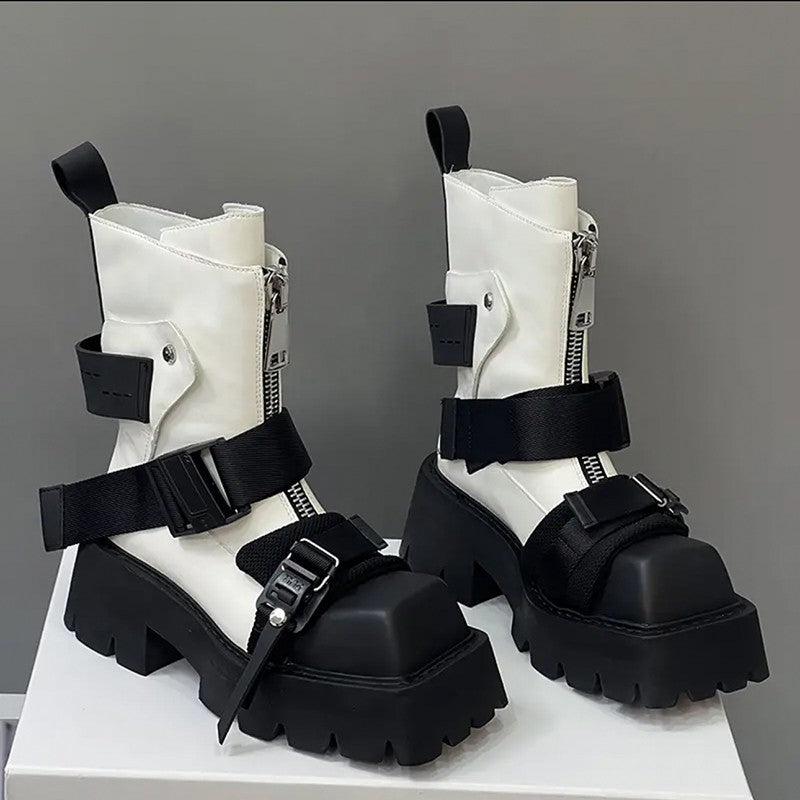 Heidi-Mode | Leder Damen Quadrat Zehen Dicke Sohle Vorne Reißverschluss Stiefeletten