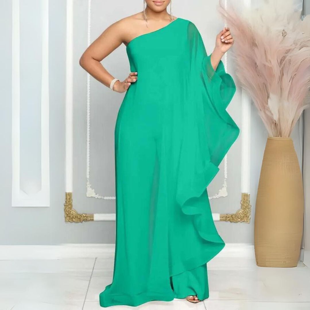 Fließendes One-Shoulder-Kleid mit transparentem Überzug