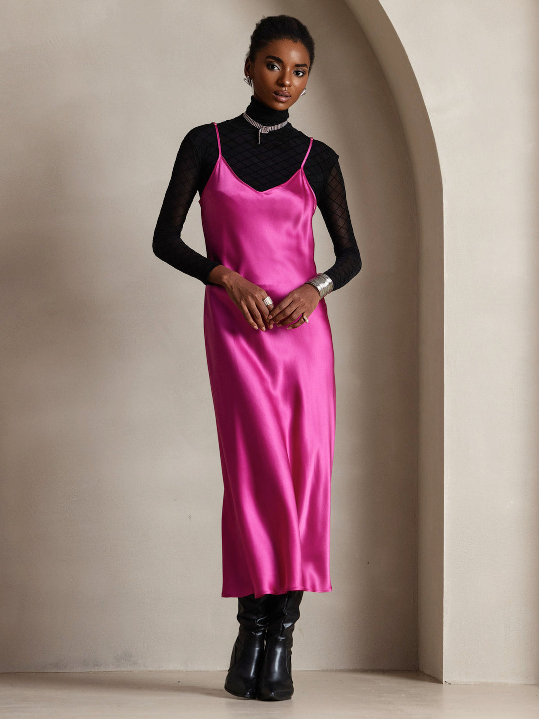 Heidi-Mode | Lange Seidenkleid mit Spaghetti-Träger