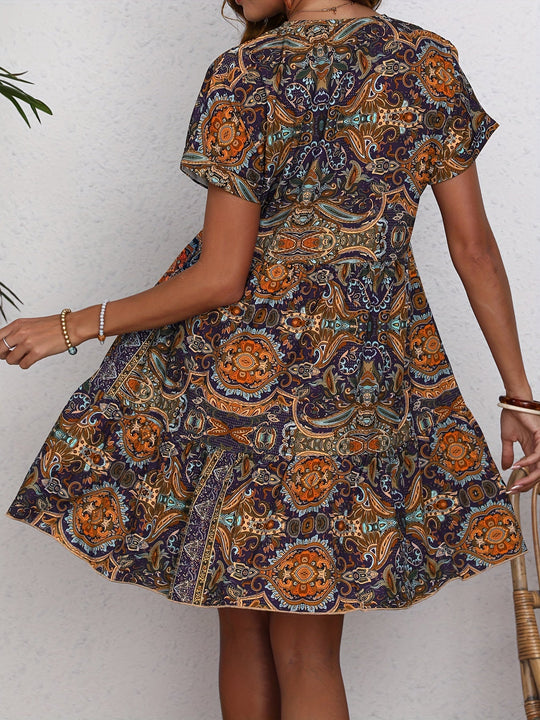 Heidi-Mode | Paisley V-Ausschnitt Kleid Locker Kurzarm Sommerkleid