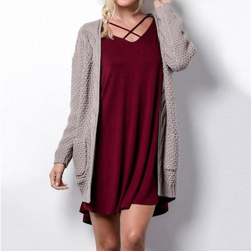 Damen lässiger Strickcardigan mit seitlichen Taschen und offener Front Heidi-Mode