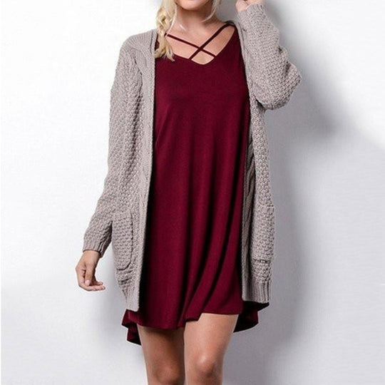Damen lässiger Strickcardigan mit seitlichen Taschen und offener Front Heidi-Mode