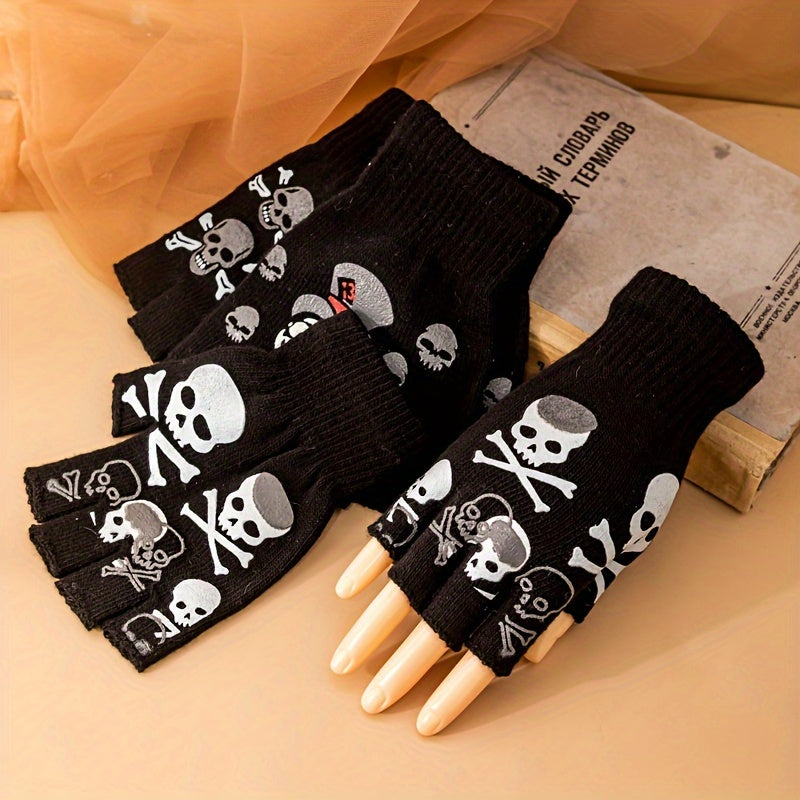 Heidi-Mode | Fingerlose Handschuhe mit Halloween Schädelmuster