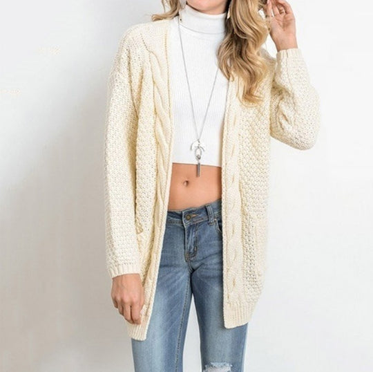 Damen lässiger Strickcardigan mit seitlichen Taschen und offener Front Heidi-Mode