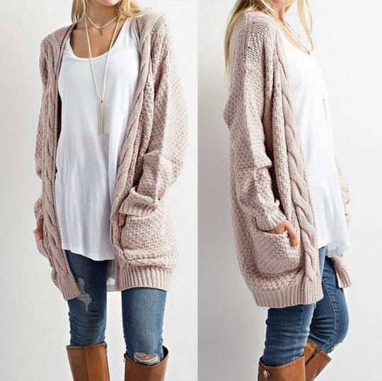 Damen lässiger Strickcardigan mit seitlichen Taschen und offener Front Heidi-Mode