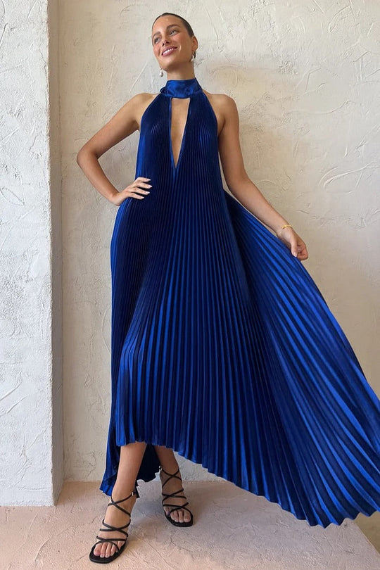 Heidi-Mode | Halter Tied Up Cutout Neck Pleated Backless Asymmetrischer Saum Hochzeitsgast Maxi Kleider