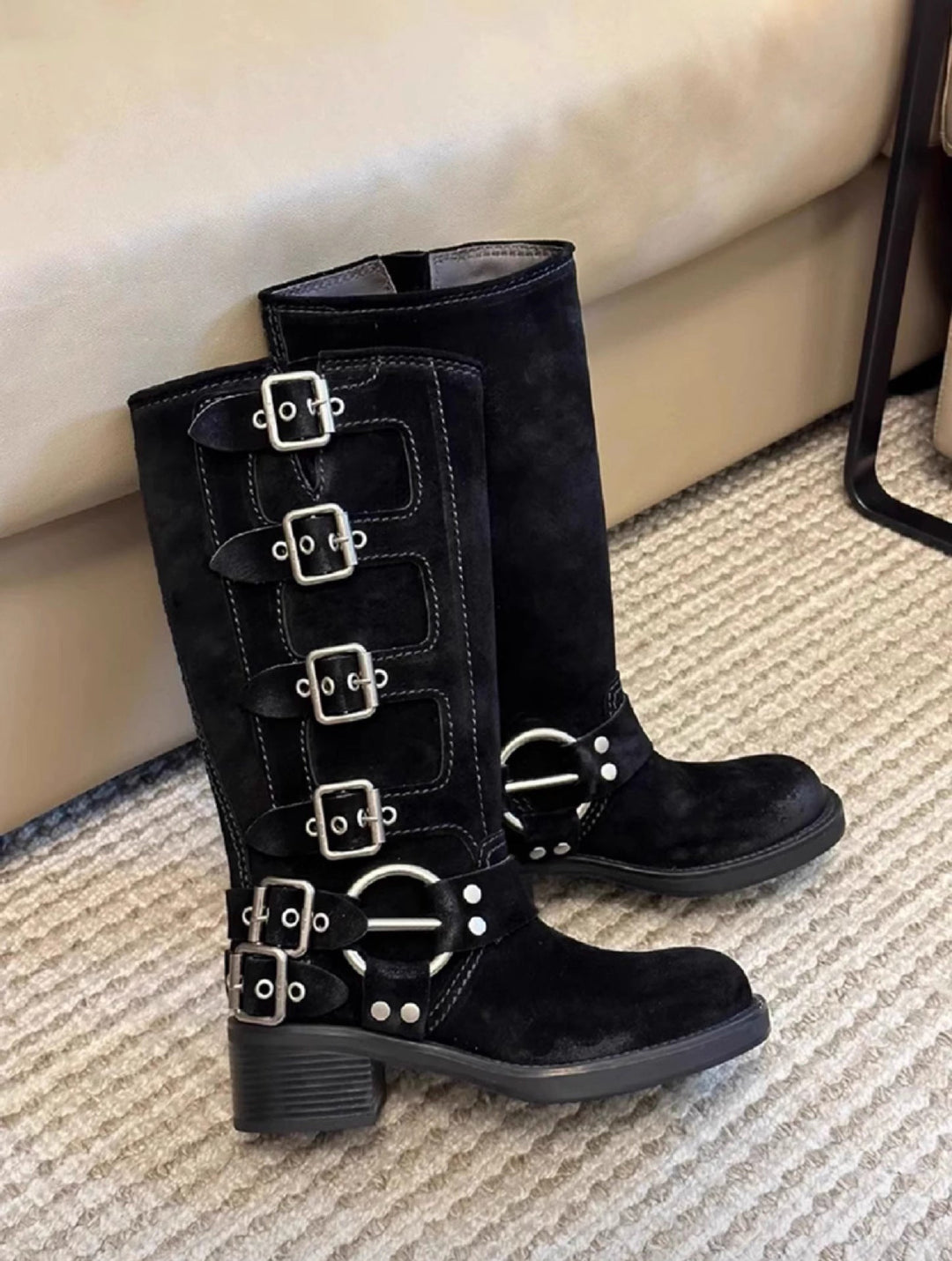 Heidi-Mode | Echtes Leder Kuh Wildleder Vintage Reiter Gürtel Schnalle Hohe Stiefel