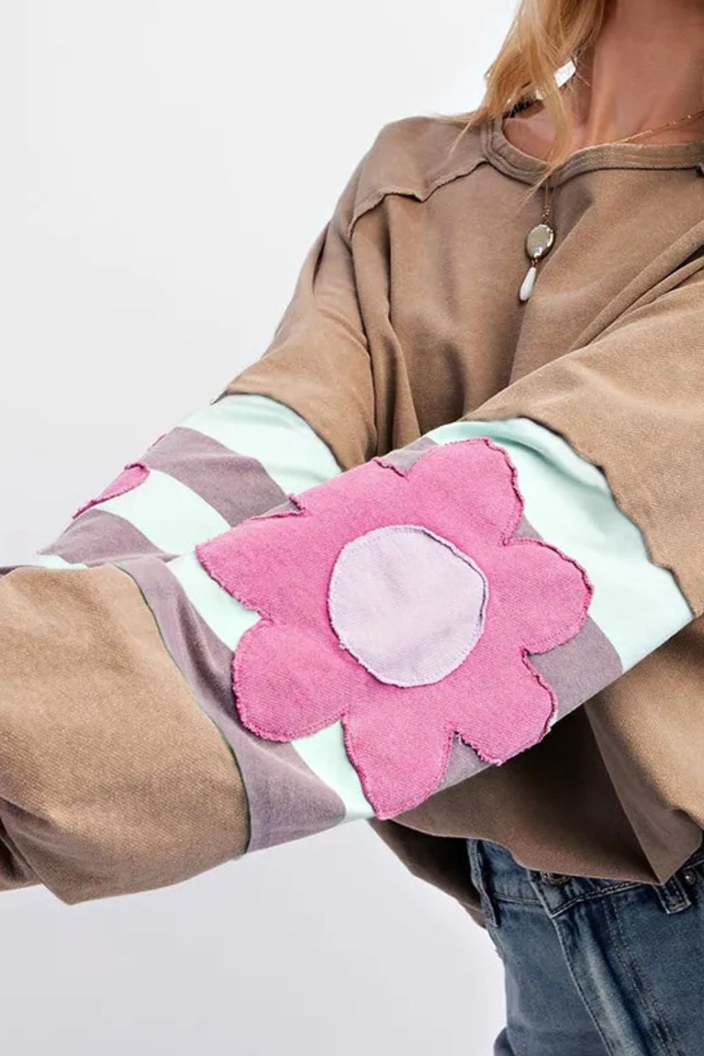Heidi-Mode | Plus Size Blumen Rundhalsausschnitt Langarmbluse