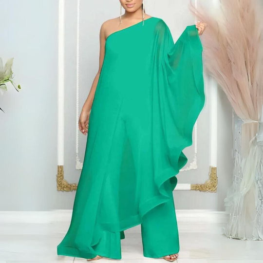 Fließendes One-Shoulder-Kleid mit transparentem Überzug