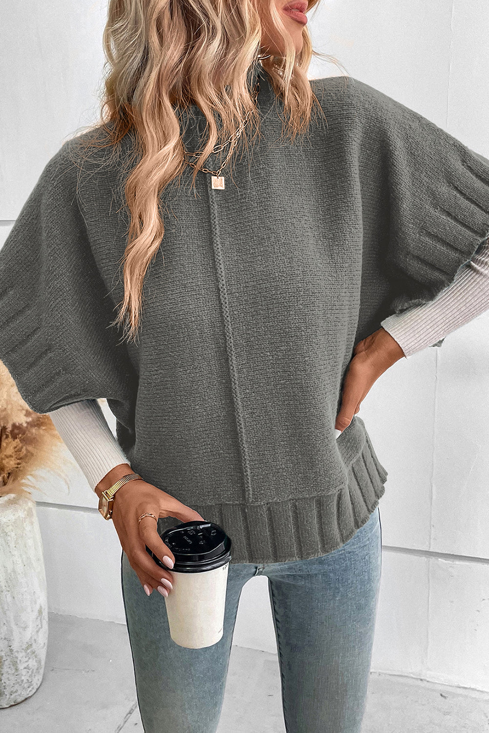 Grey Mock Neck Batwing Kurzarm-Strickpullover