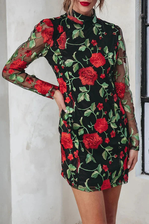Heidi-Mode | Hallo Schöne Besticktes Floral Mesh Mini Kleid