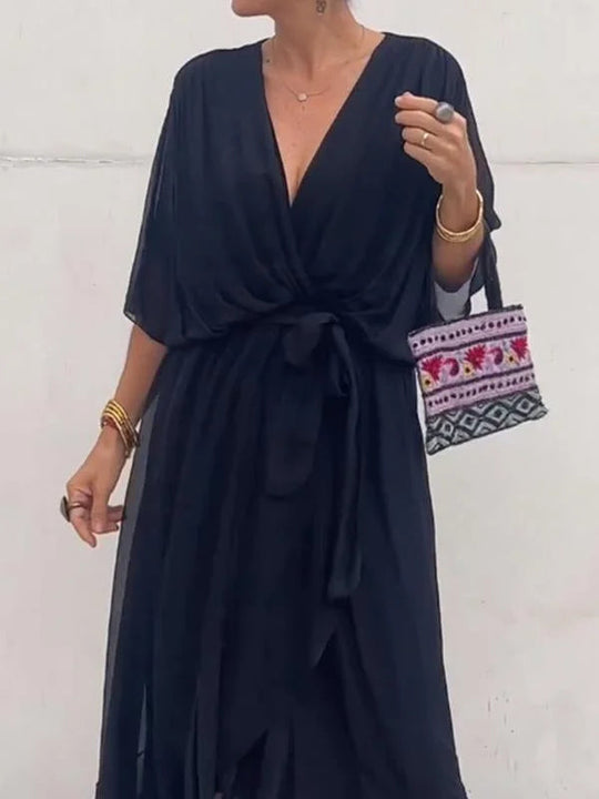 Heidi-Mode | Damen Fließendes Kleid V-Ausschnitt