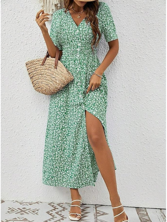 Luftiges Maxikleid mit kurzen Ärmeln und V-Ausschnitt