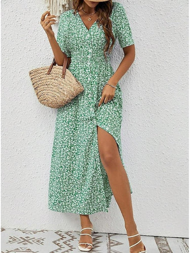 Luftiges Maxikleid mit kurzen Ärmeln und V-Ausschnitt